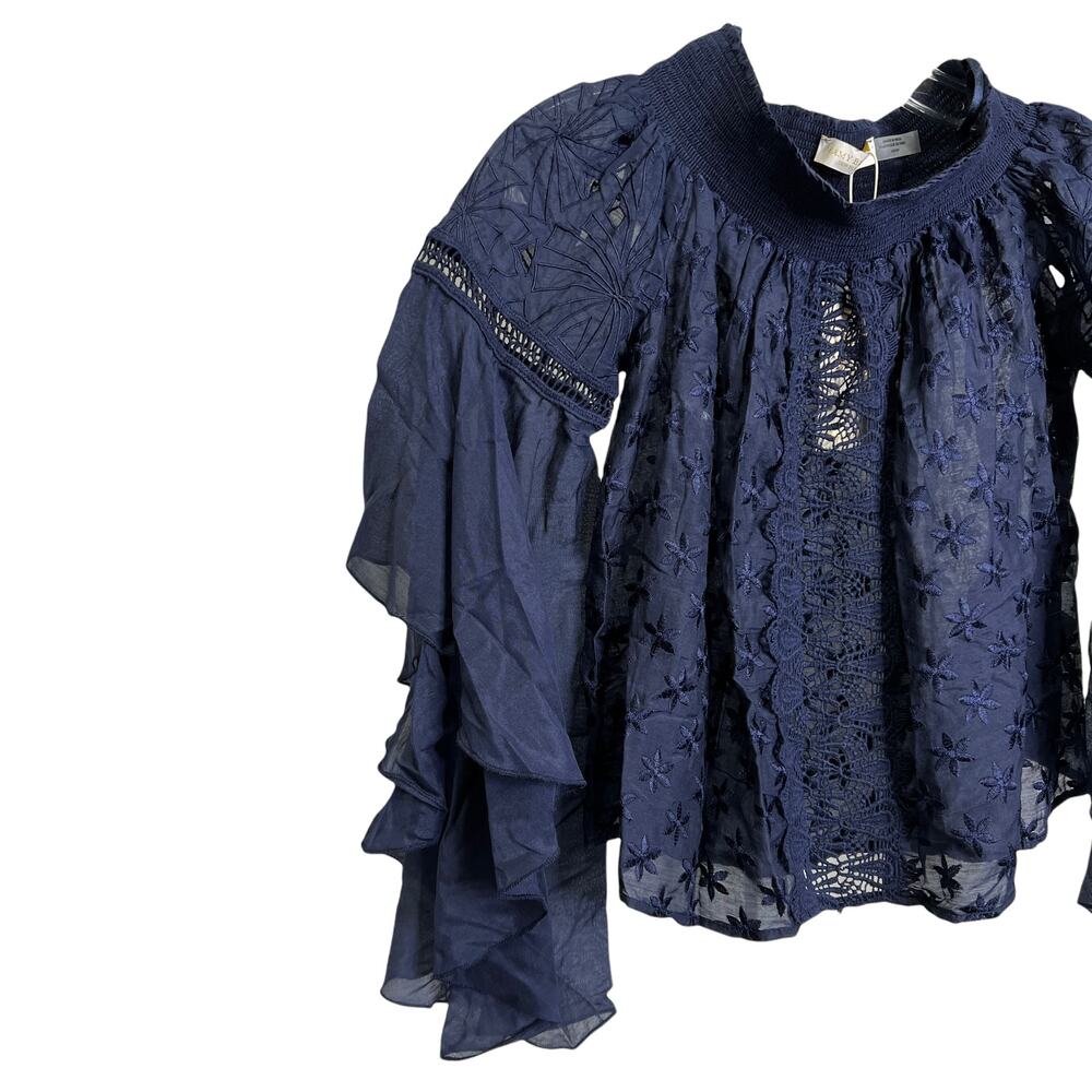 Ramy Brook Women's Sz XS Blouse Navy‎ Lace Ruffle Sleeves Off The Shoulder NWT - Picture 4 of 11